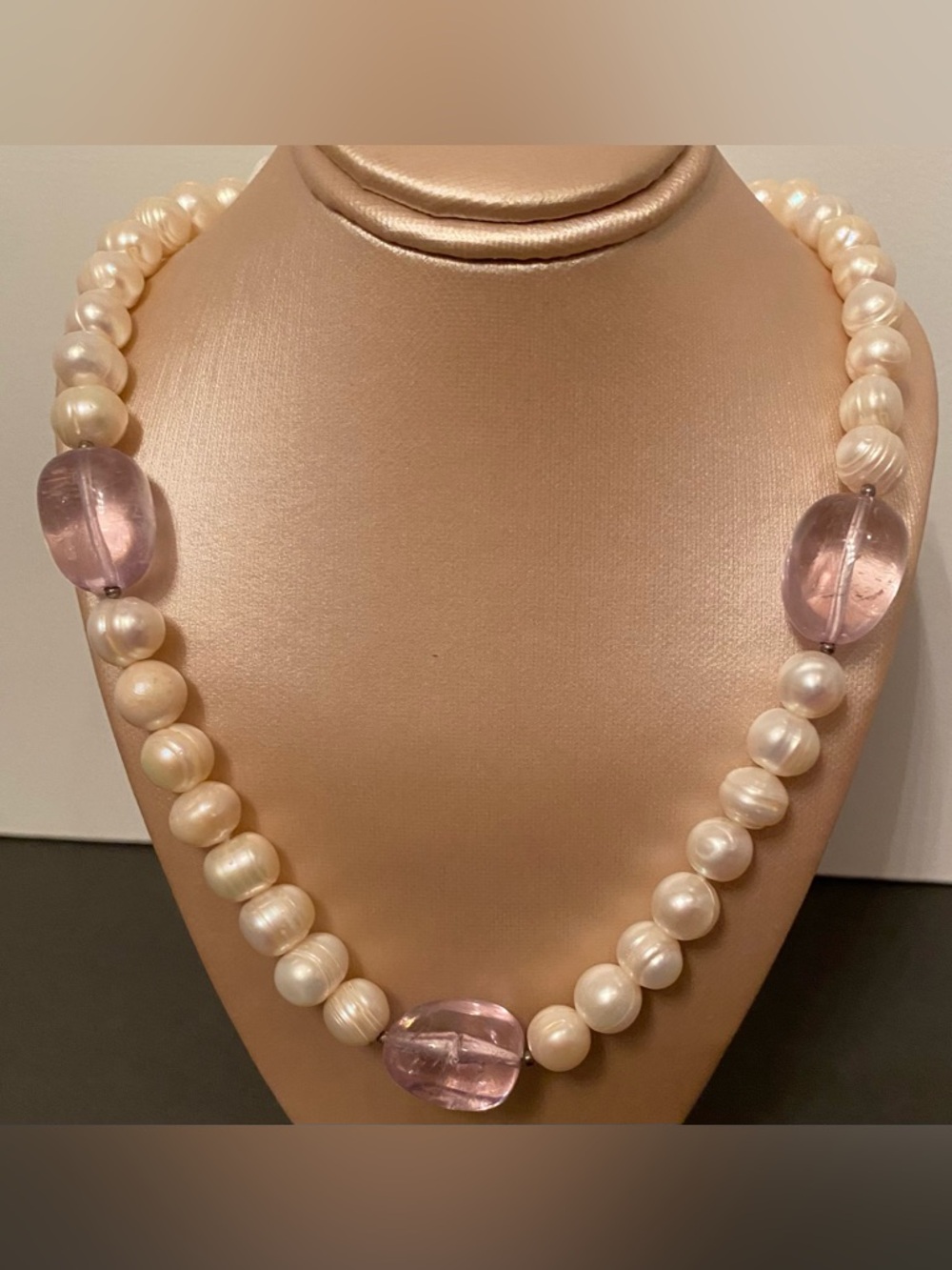 GSJ GOLD STONE JEWELERS NECKLACE WHITE BAROQUE PEARLS AMETHYST QUARTZ 925 CLASP